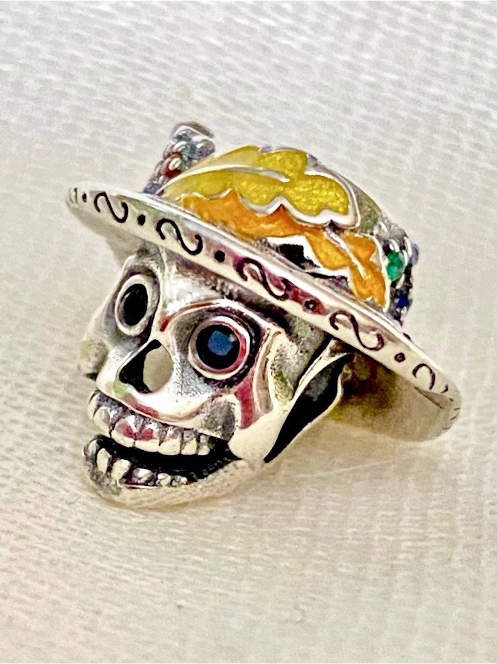 Catrina Sugar Skull Charm Feather Hat | 925 Sterling, Enamel, Multicolor CZs